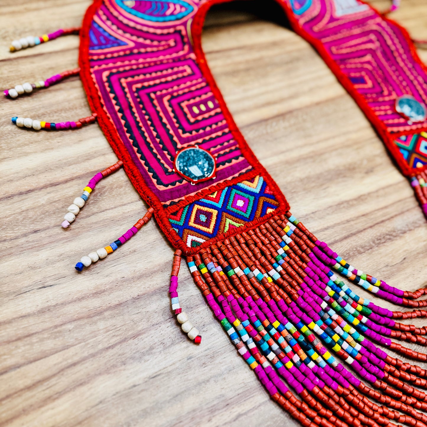 Ceremonial Mola Textile Necklace with Jade & Handmade Ceramic Beads, Red ceremony