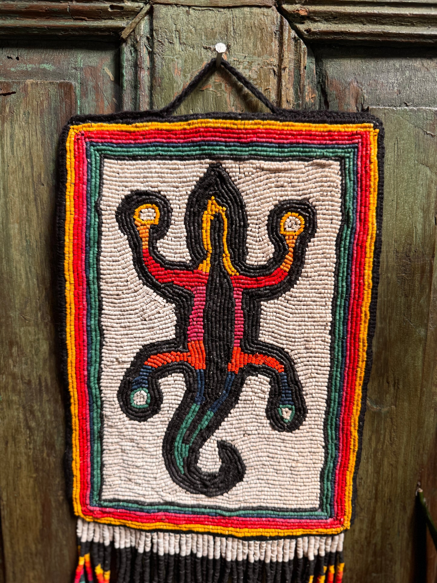 One-of-a-Kind Beaded Wall Art Hanging with Native Motifs - Handmade Ceramic Beads