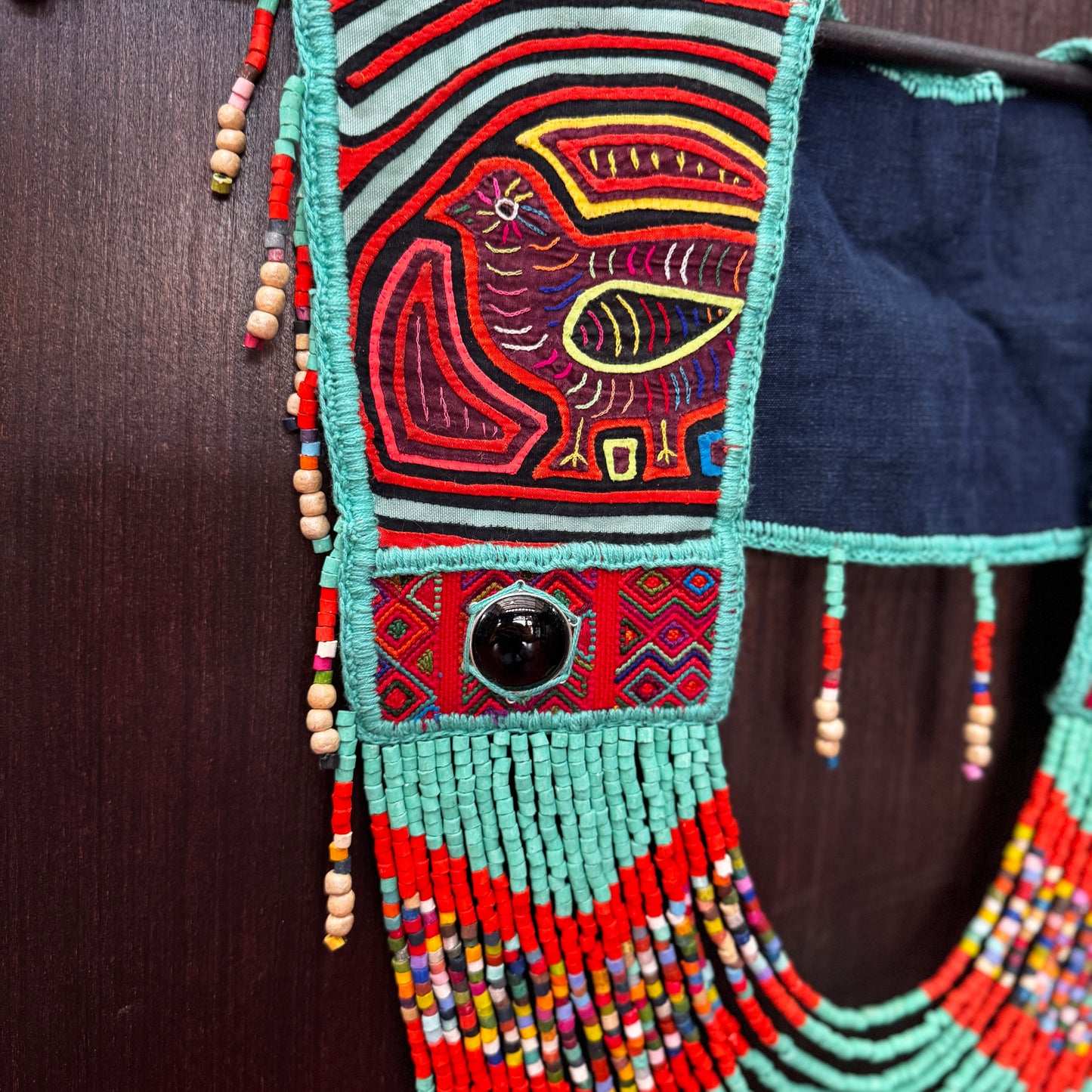 Ceremonial Mola Textile Necklace with Jade & Handmade Ceramic Beads, Turquesa