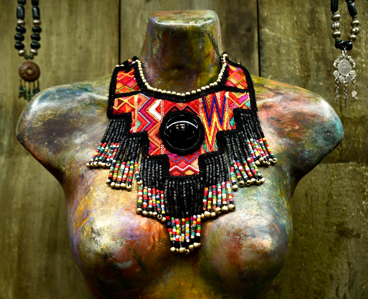Statement Bib Collar, Precious Jade & Fringes, Adjustable - "Babero"