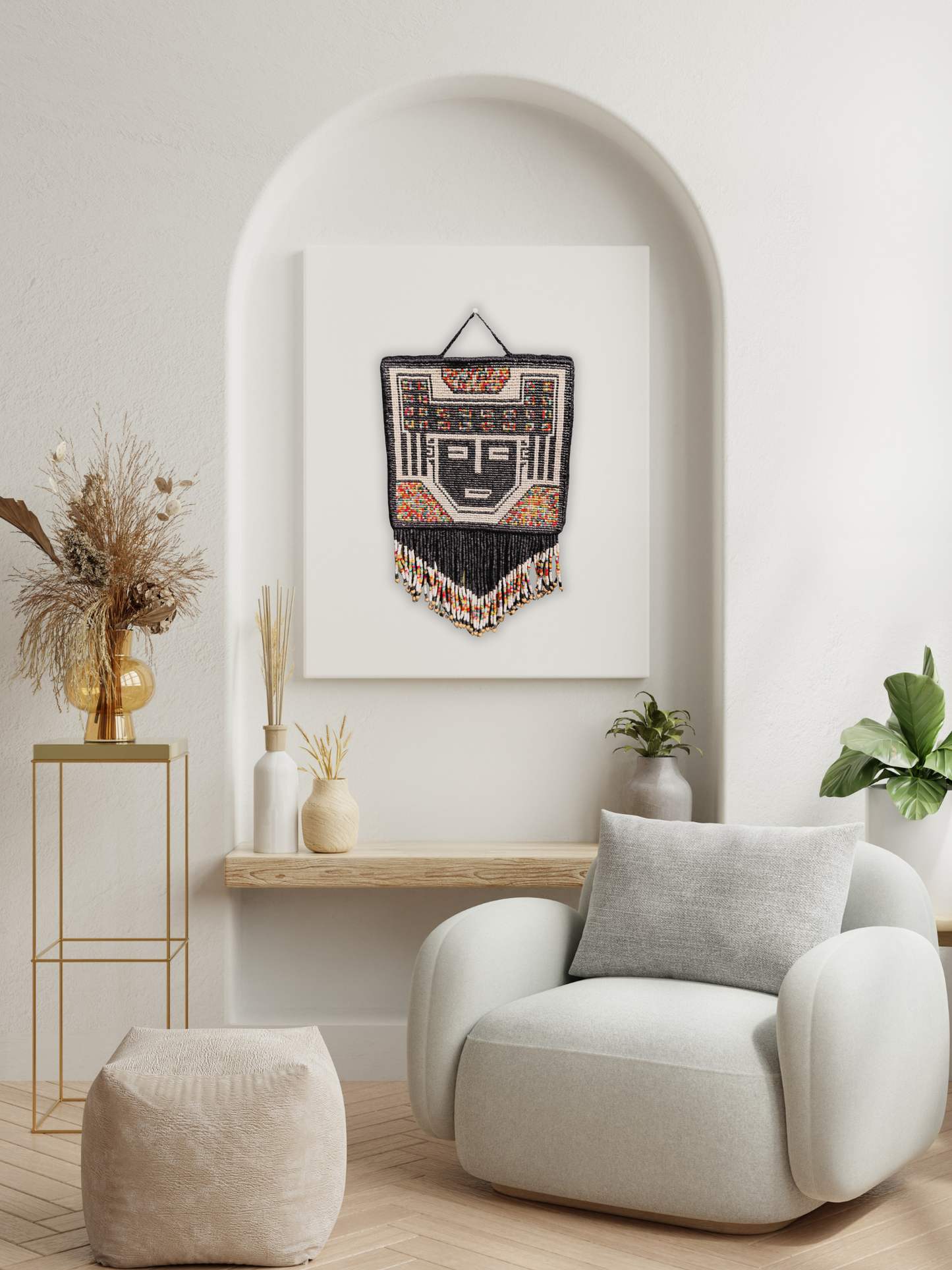 One-of-a-Kind Beaded Wall Art Hanging with Native Motifs - Handmade Ceramic Beads