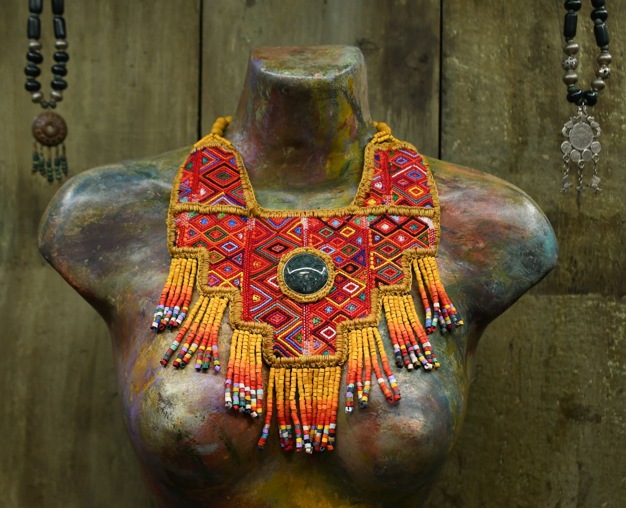 Statement Bib Collar, Precious Jade & Fringes, Adjustable - "Babero"