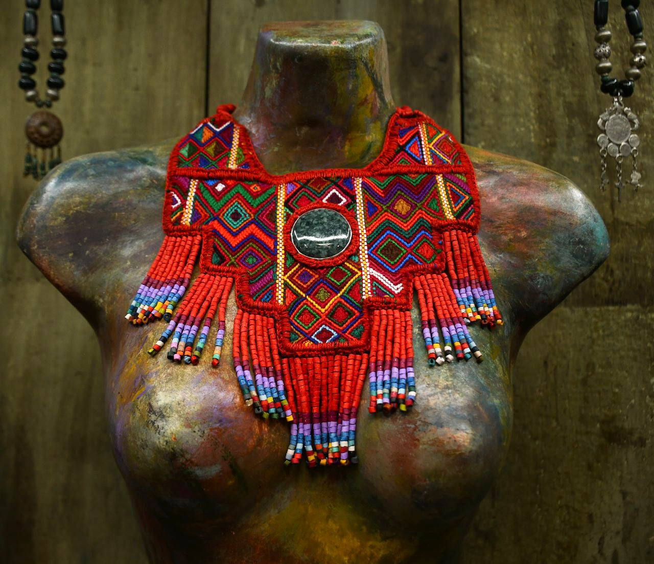 Statement Bib Collar, Precious Jade & Fringes, Adjustable - "Babero"