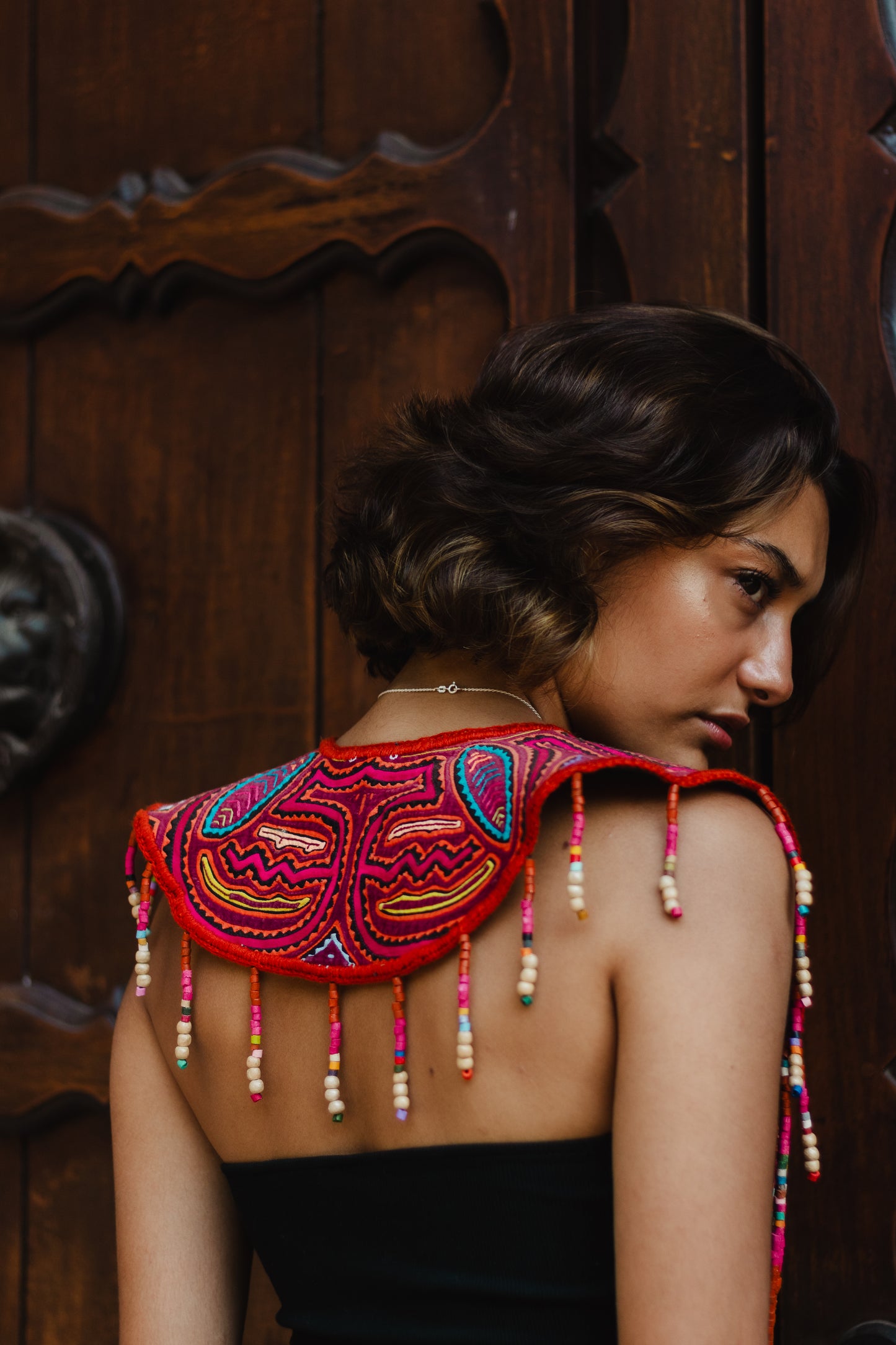 Ceremonial Mola Textile Necklace with Jade & Handmade Ceramic Beads, Red ceremony