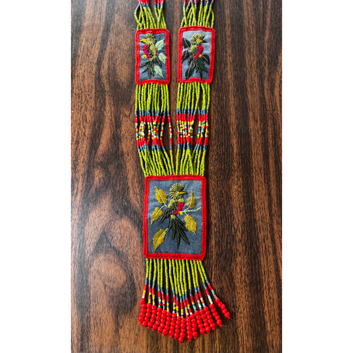 Beaded Long Necklace with Embroidered Birds, Adjustable