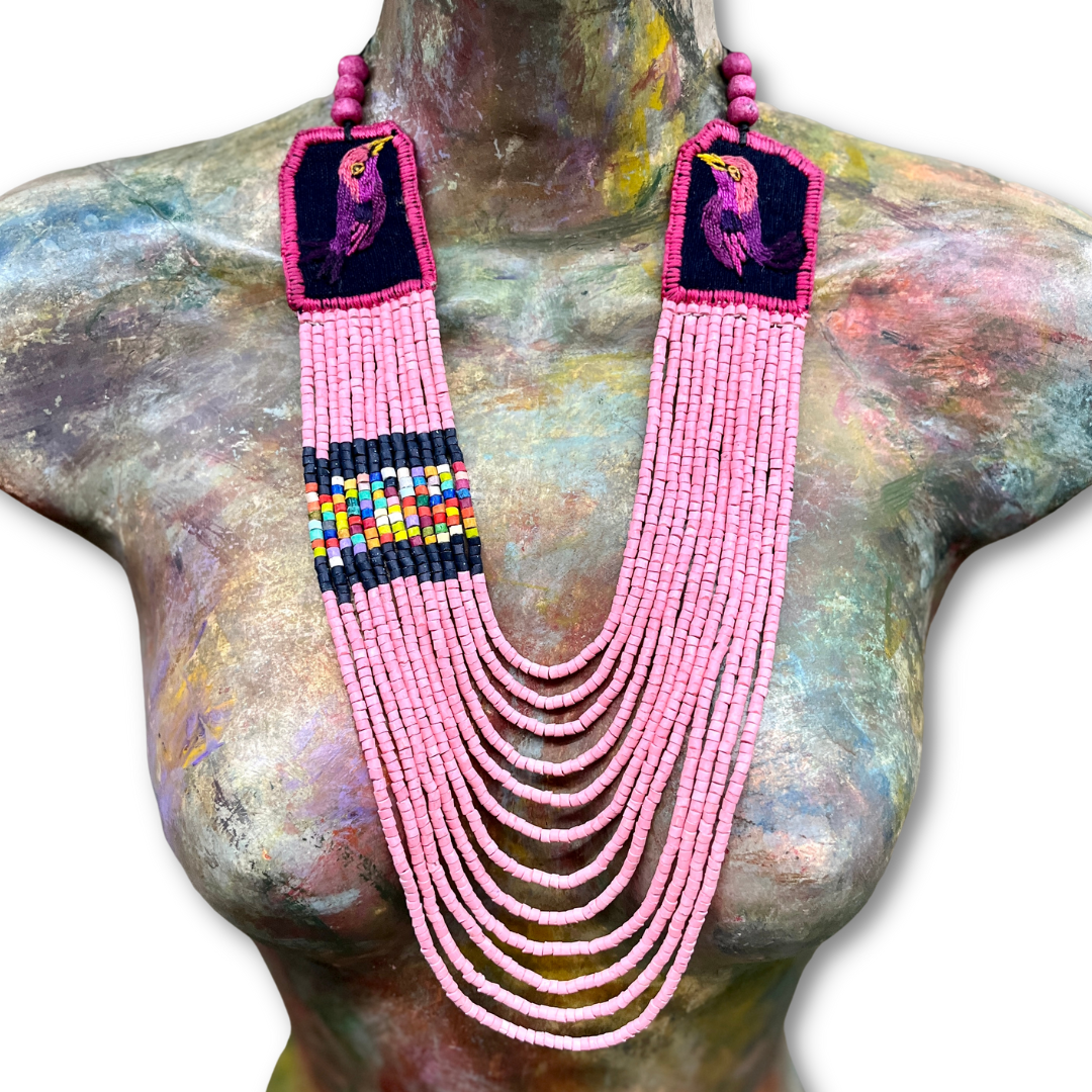 Two-piece Textile Necklaces, Adjustable - "Birds of Santiago", Vibrants