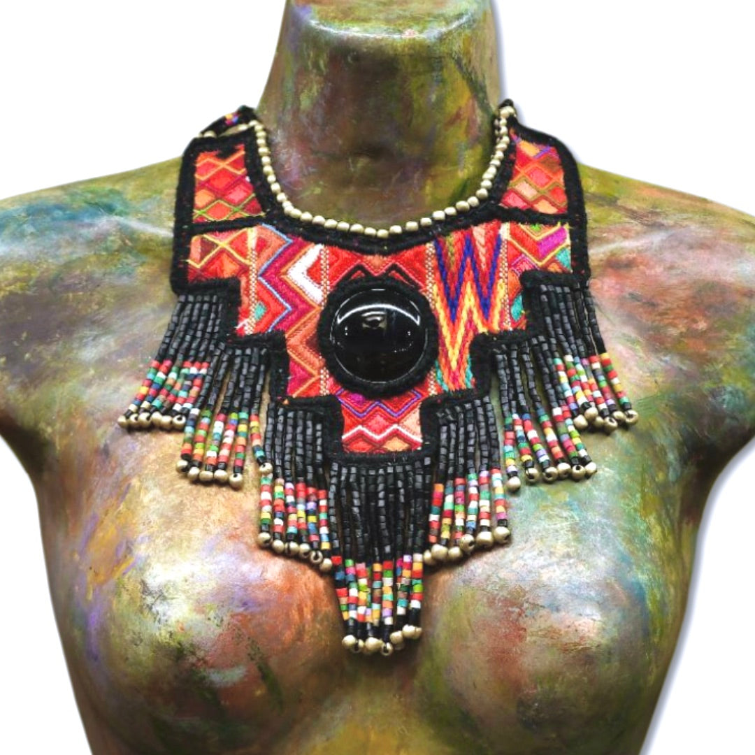 Statement Bib Collar, Precious Jade & Fringes, Adjustable - "Babero"