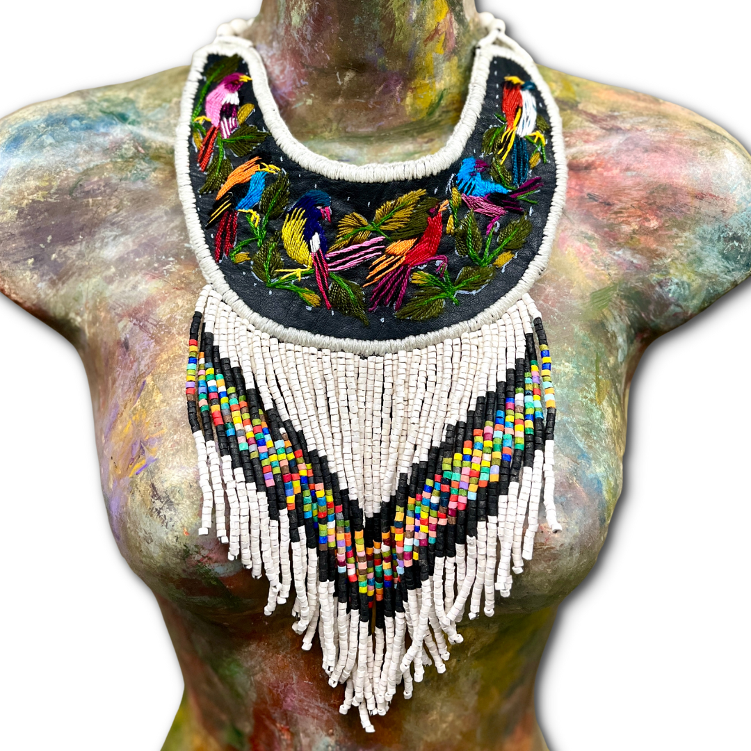 Embroidered Bib Collars with Fringes, Adjustable - "Birds of Santiago"