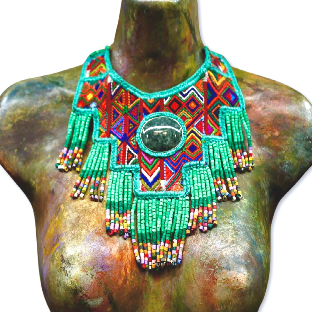 Statement Bib Collar, Precious Jade & Fringes, Adjustable - "Babero", Blues