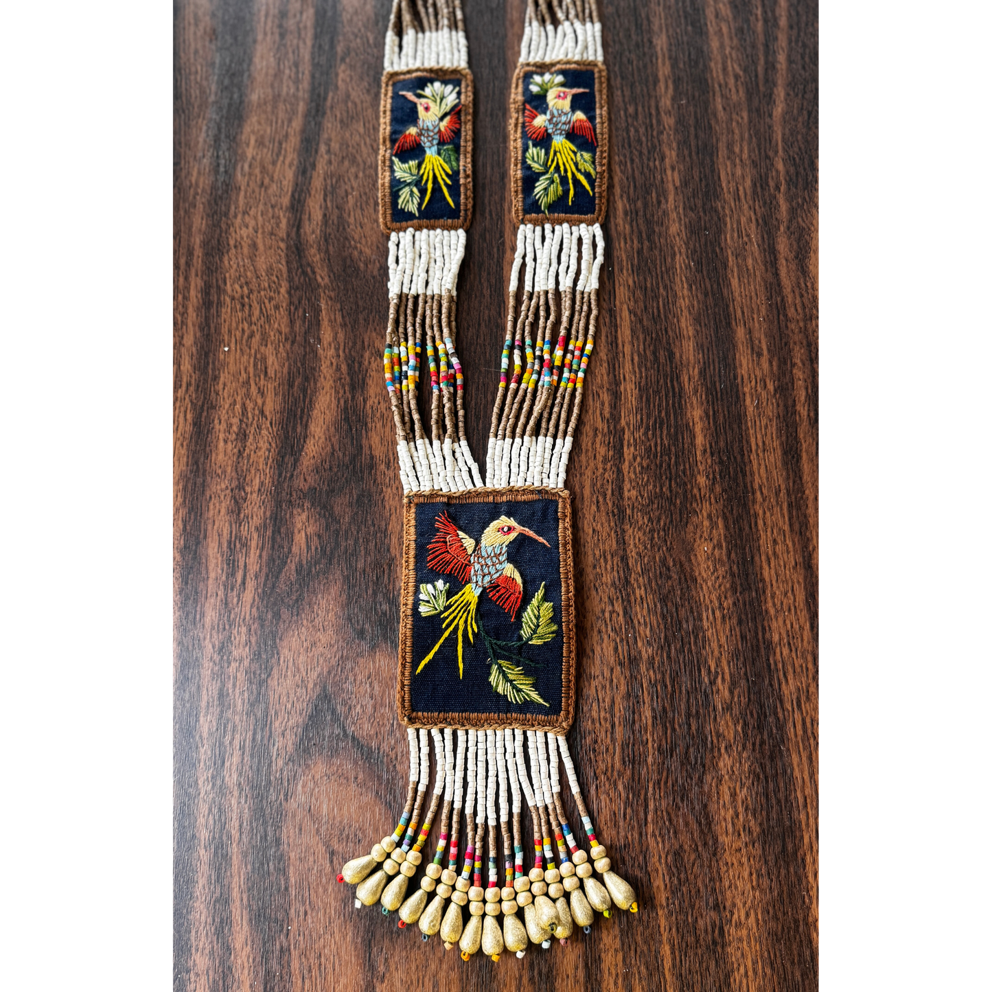 Beaded Long Necklace with Embroidered Birds, Adjustable