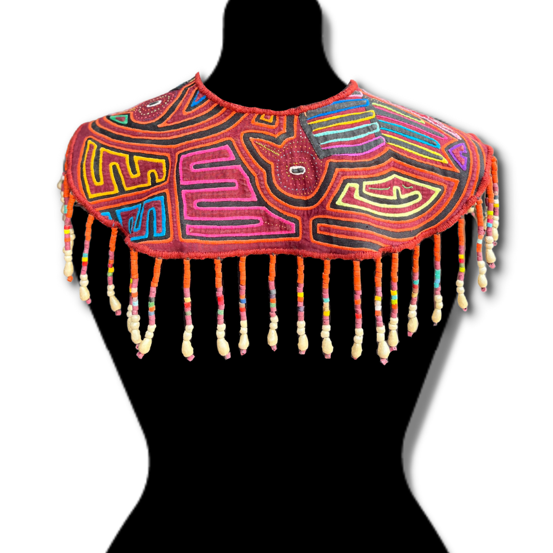 Textile Cape with Beaded Body Chains - "Mola Capa", Orange Multicolor