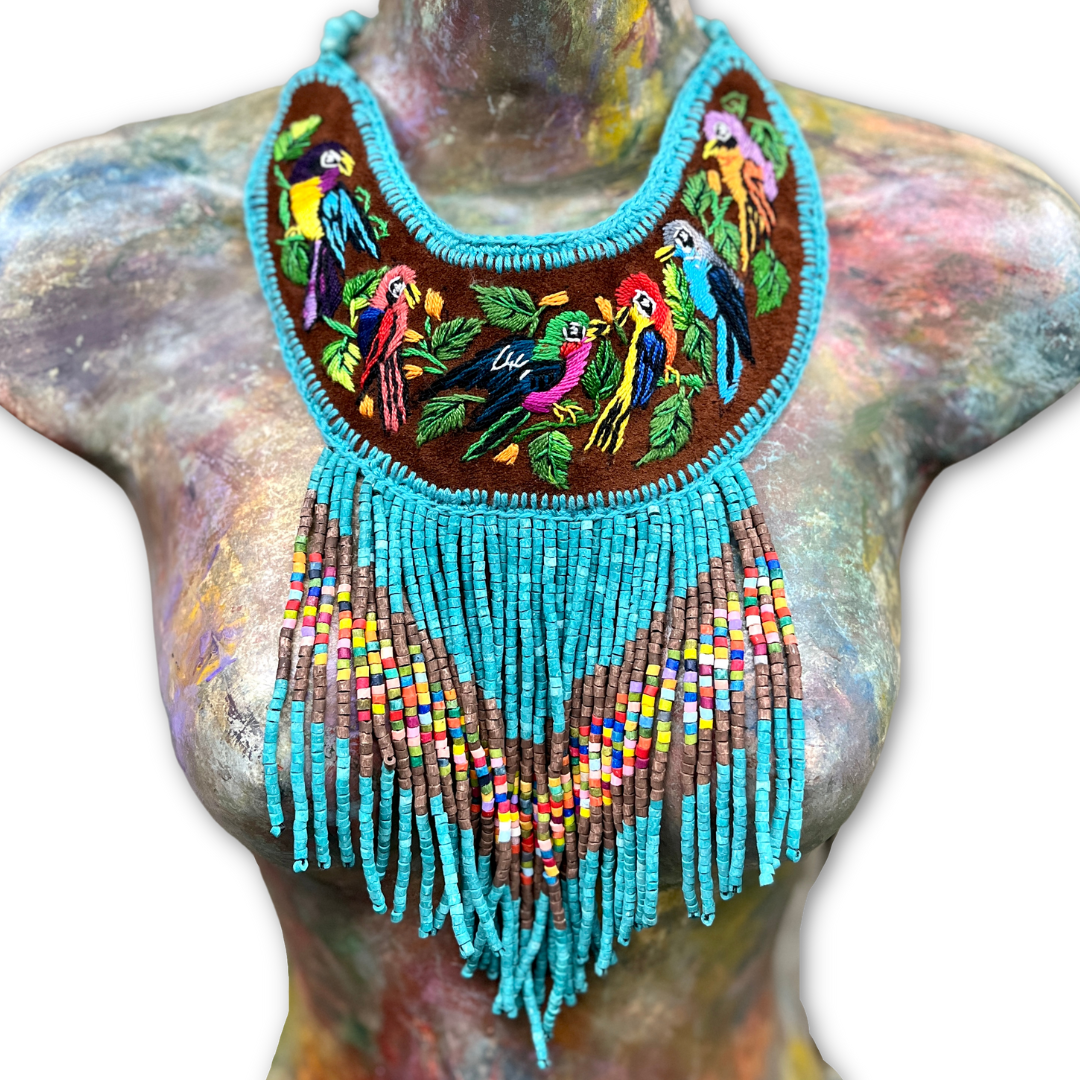 Embroidered Bib Collars with Fringes, Adjustable - "Birds of Santiago"