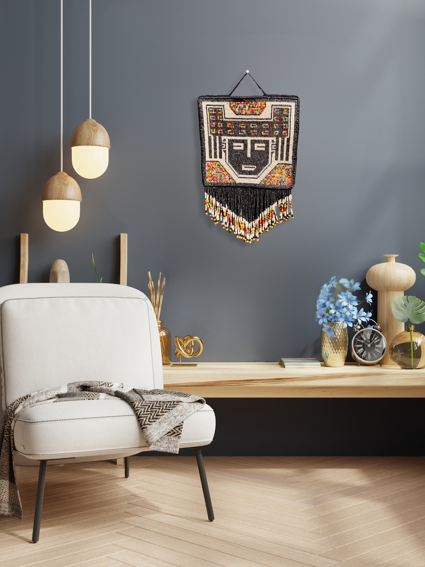 One-of-a-Kind Beaded Wall Art Hanging with Native Motifs - Handmade Ceramic Beads
