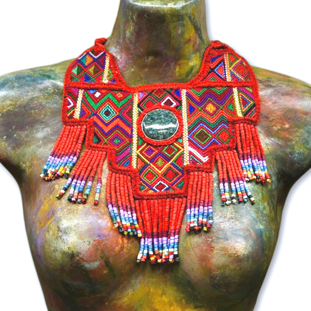 Statement Bib Collar, Precious Jade & Fringes, Adjustable - "Babero"