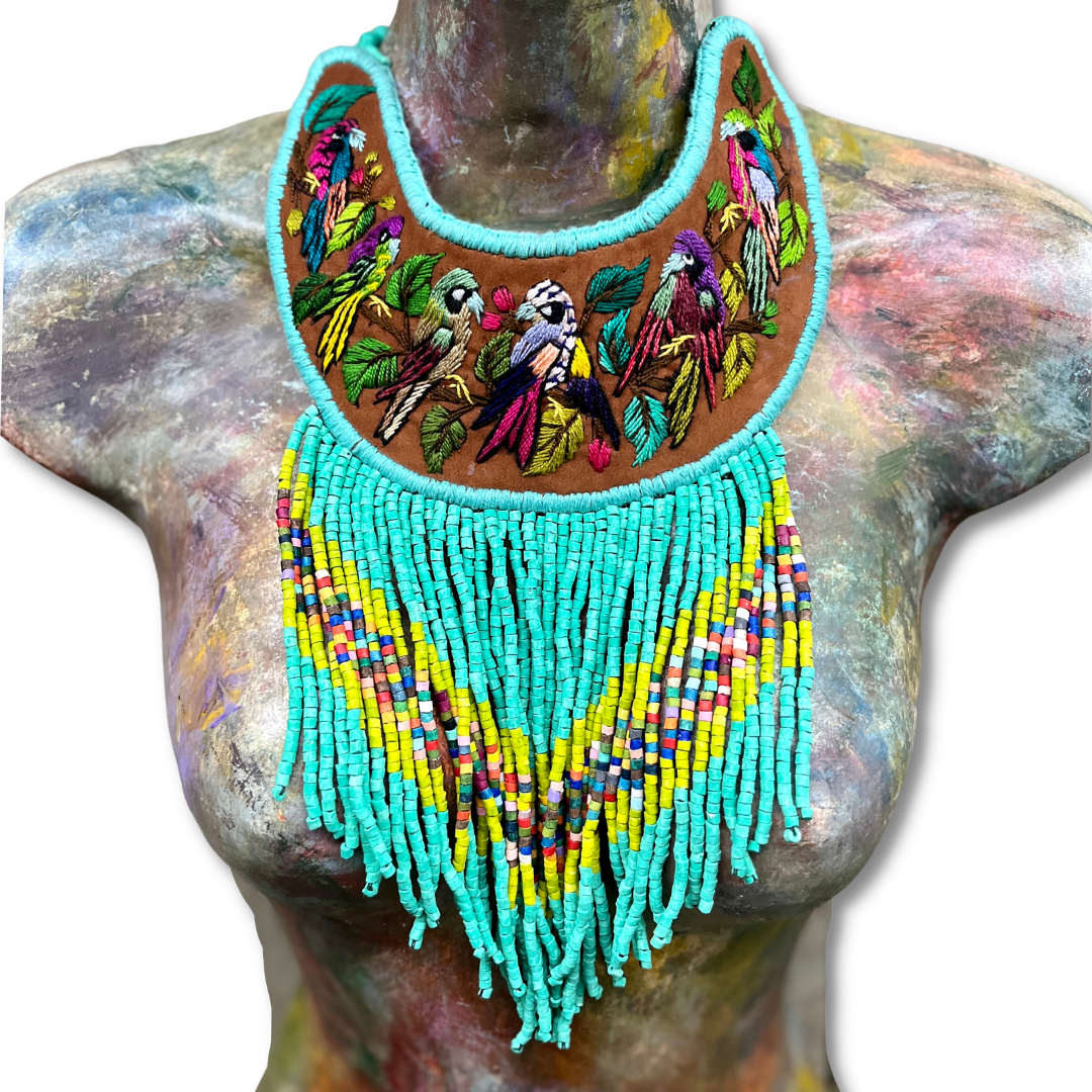 Embroidered Bib Collars with Fringes, Adjustable - "Birds of Santiago"