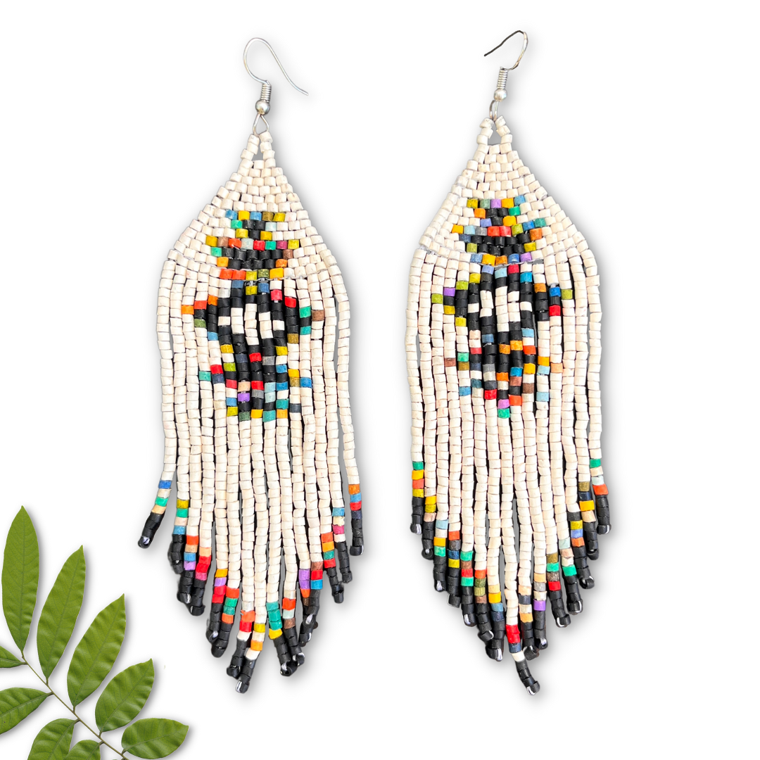Beaded Fringe Earrings with Native Symbols Los Colores de la Tierra Handmade Jewelry as colorful as you