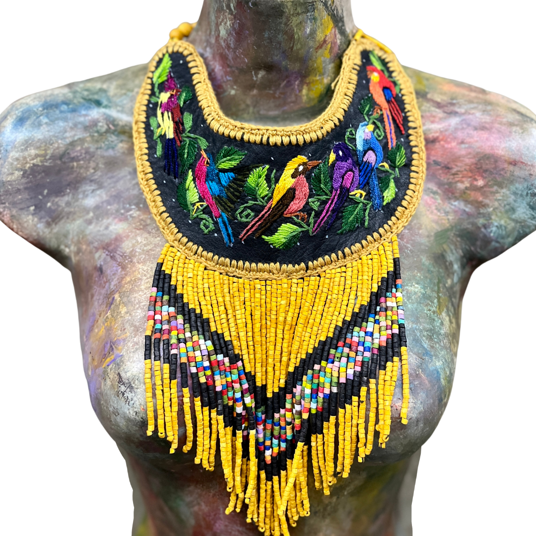 Embroidered Bib Collars with Fringes, Adjustable - "Birds of Santiago"