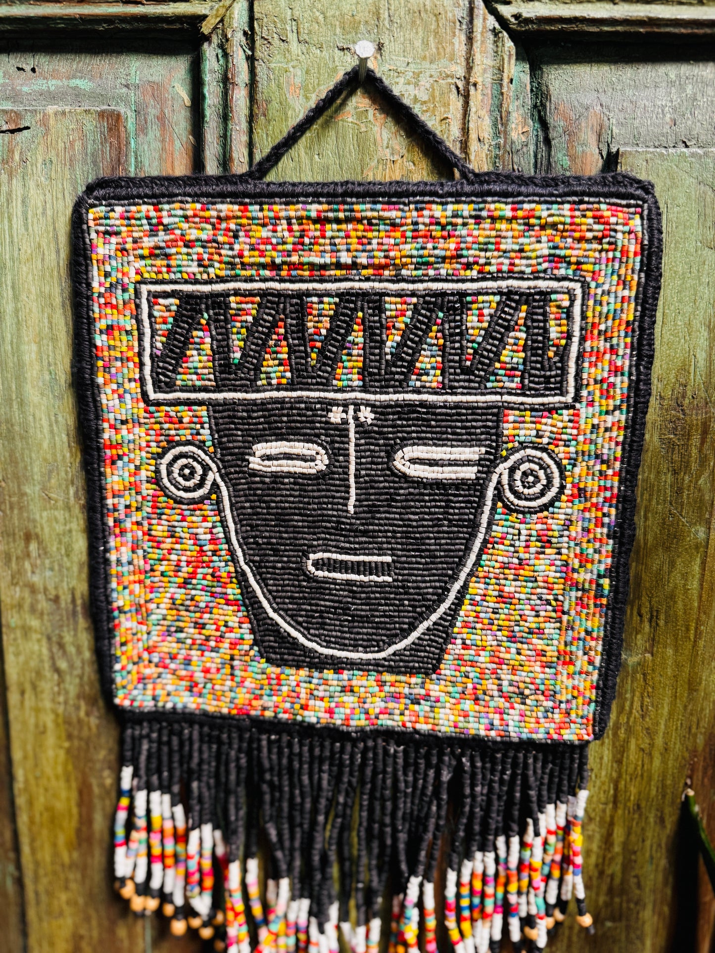 One-of-a-Kind Beaded Wall Art Hanging with Native Motifs - Handmade Ceramic Beads