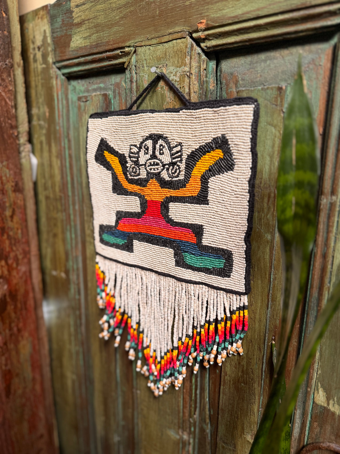 One-of-a-Kind Beaded Wall Art Hanging with Native Motifs - Handmade Ceramic Beads