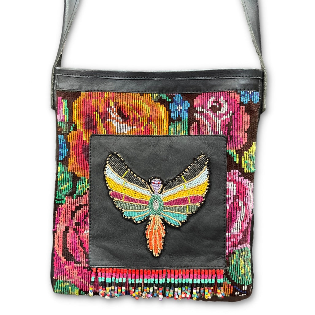Adjustable Messenger Bag - "Angel Mariposa", black leather