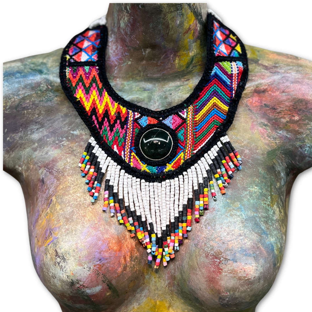 Statement Bib Collar, Precious Jade & Fringes, Adjustable - "Babero"