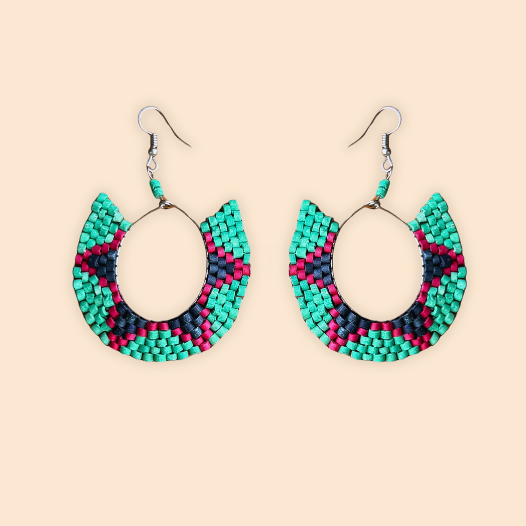 Beaded Crescent Hoop Star Earrings in Natural Ceramic Stone