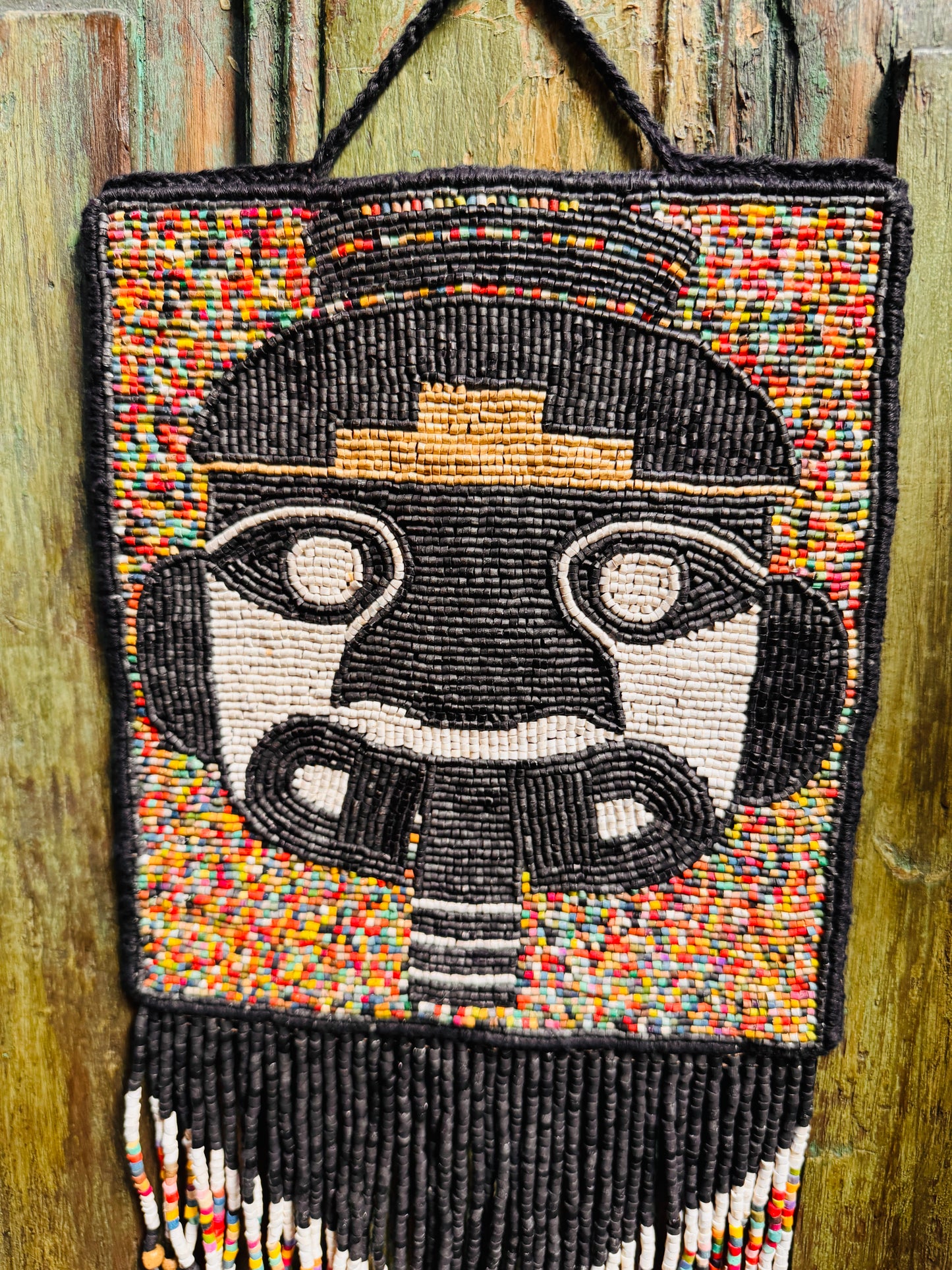 One-of-a-Kind Beaded Wall Art Hanging with Native Motifs - Handmade Ceramic Beads