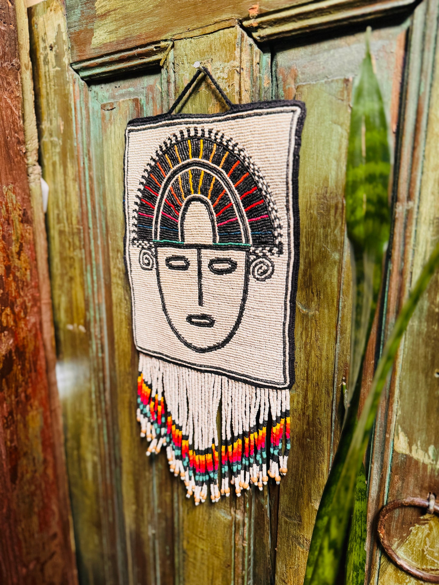 One-of-a-Kind Beaded Wall Art Hanging with Native Motifs - Handmade Ceramic Beads