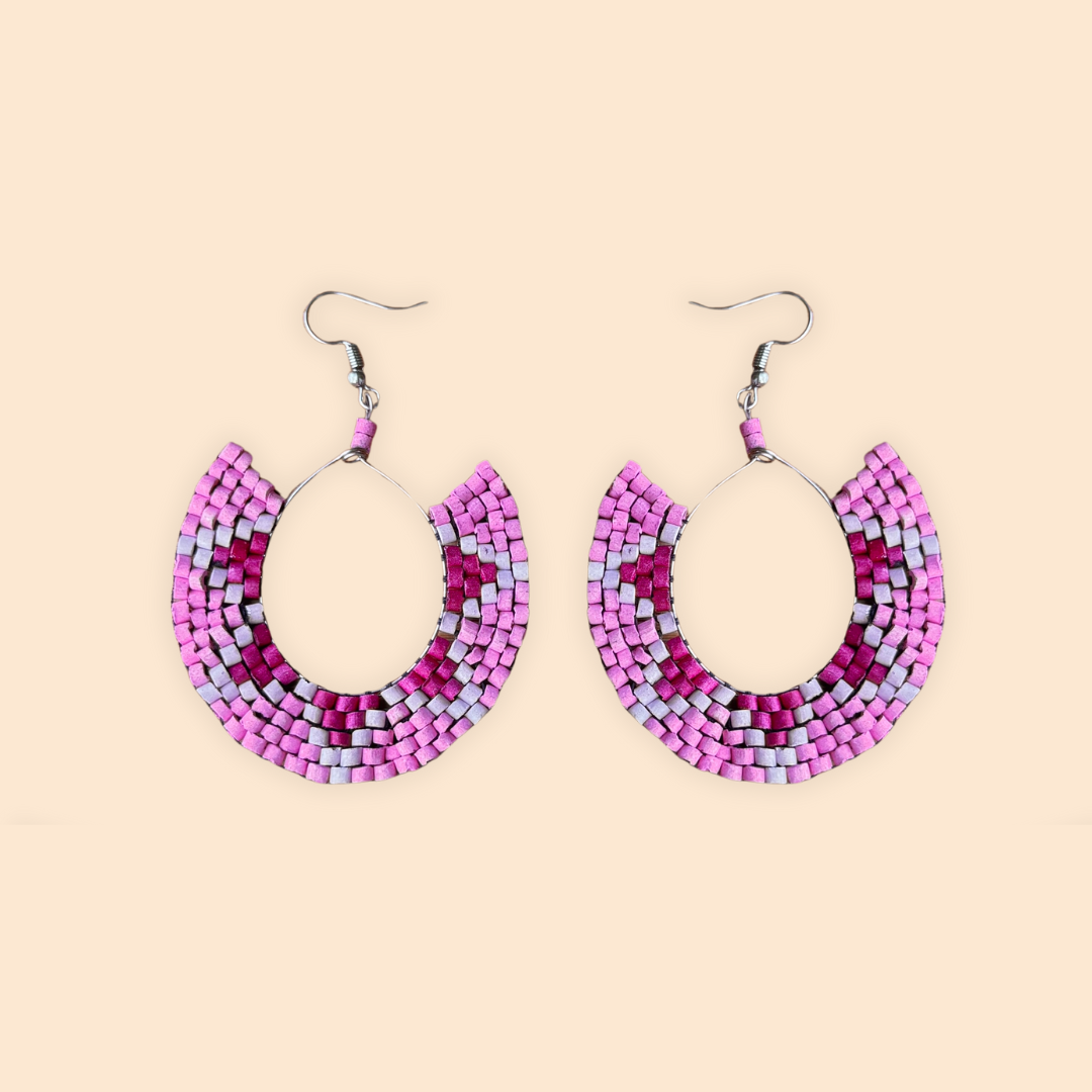 Beaded Crescent Hoop Star Earrings in Natural Ceramic Stone
