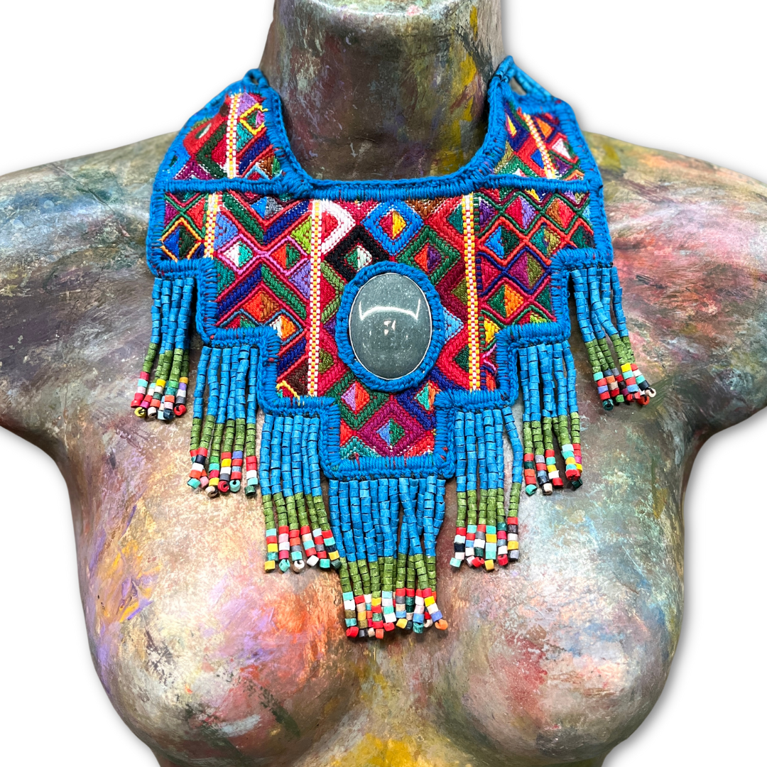 Statement Bib Collar, Precious Jade & Fringes, Adjustable - "Babero", Blues