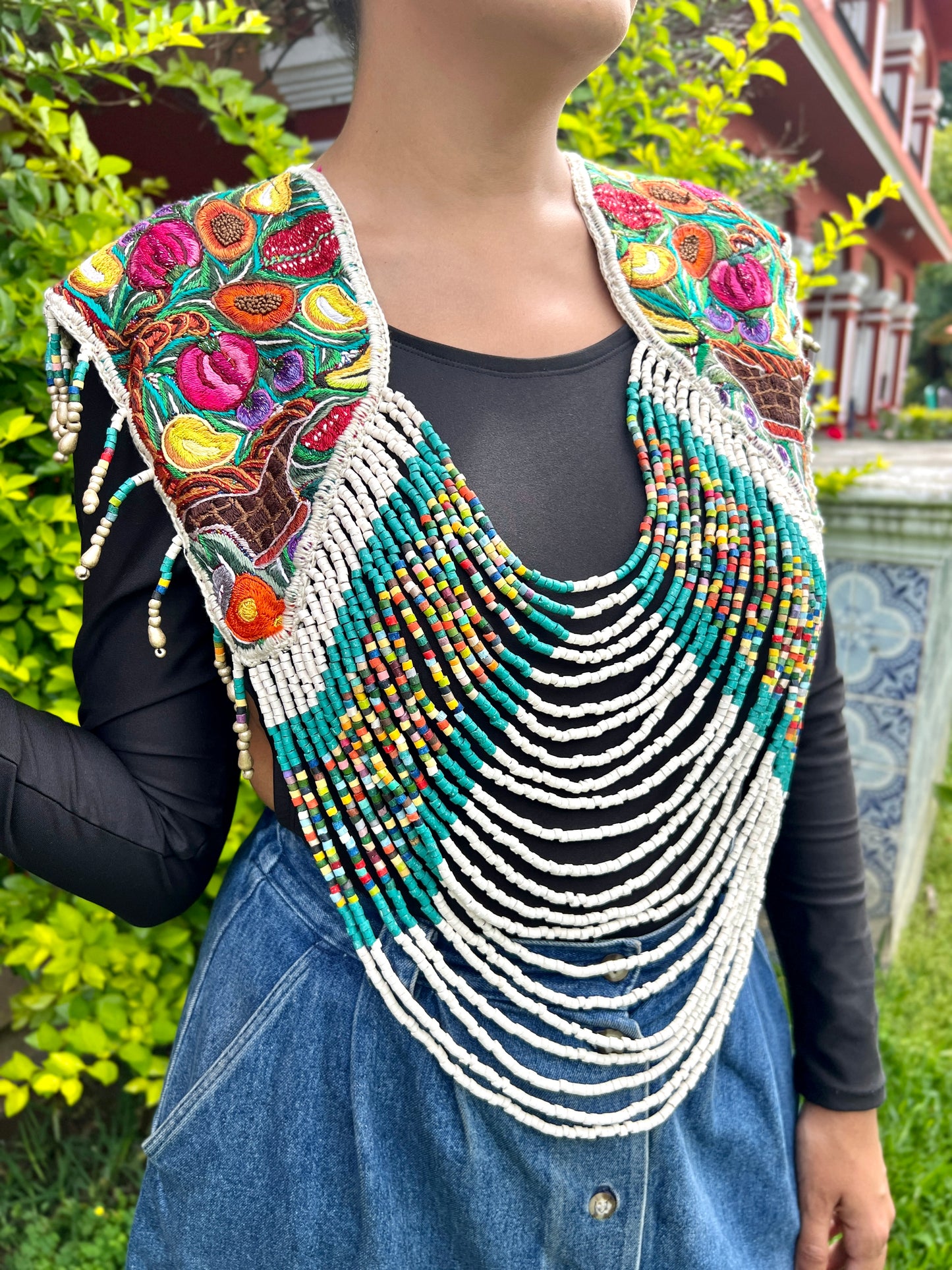 Textile Cape with Beaded Body Chains - "Huipil Capa", Tutti Frutti