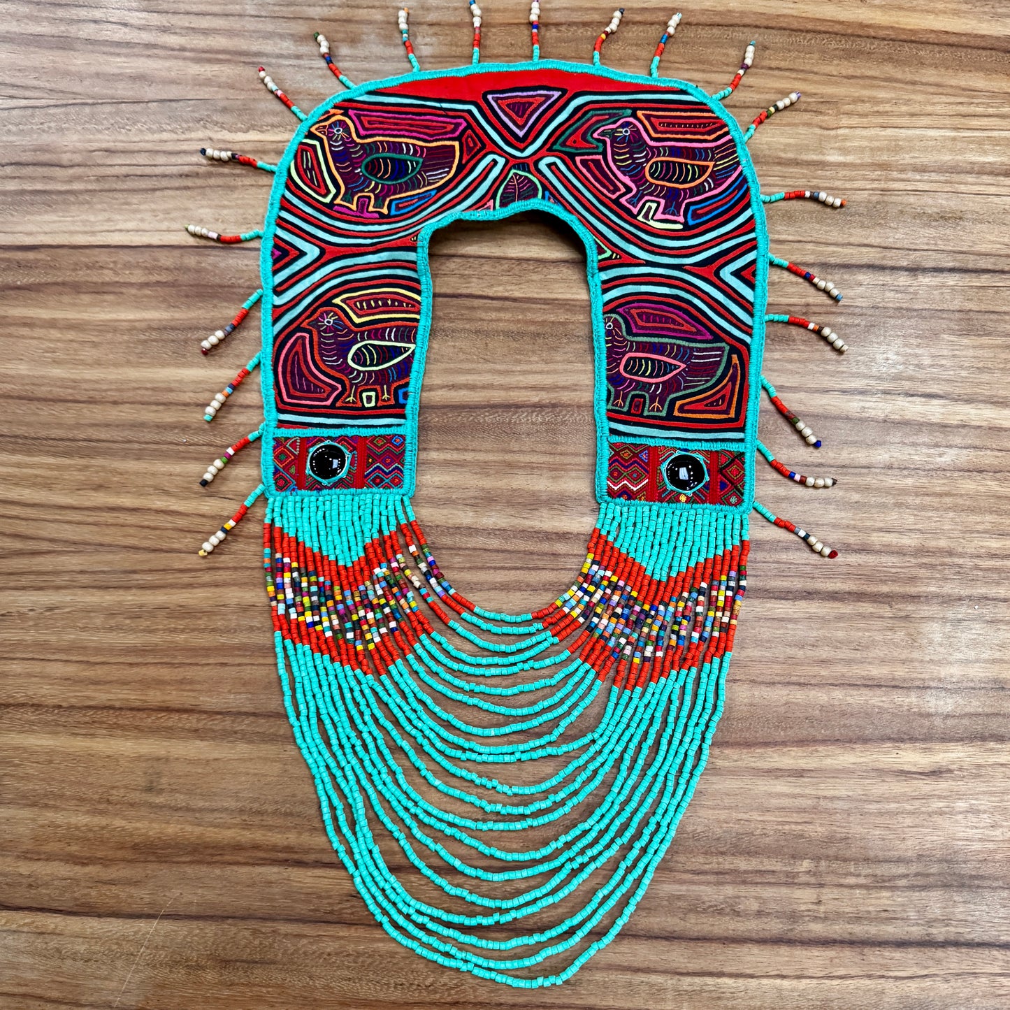 Ceremonial Mola Textile Necklace with Jade & Handmade Ceramic Beads, Turquesa