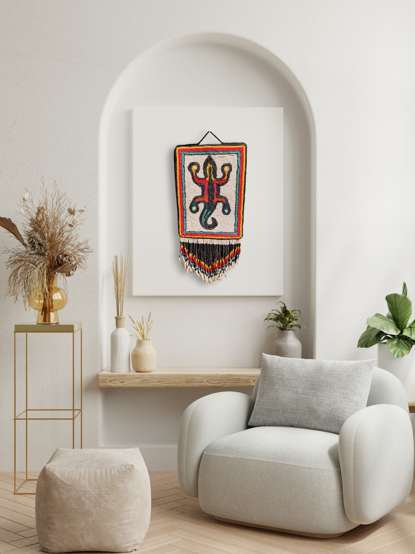 One-of-a-Kind Beaded Wall Art Hanging with Native Motifs - Handmade Ceramic Beads