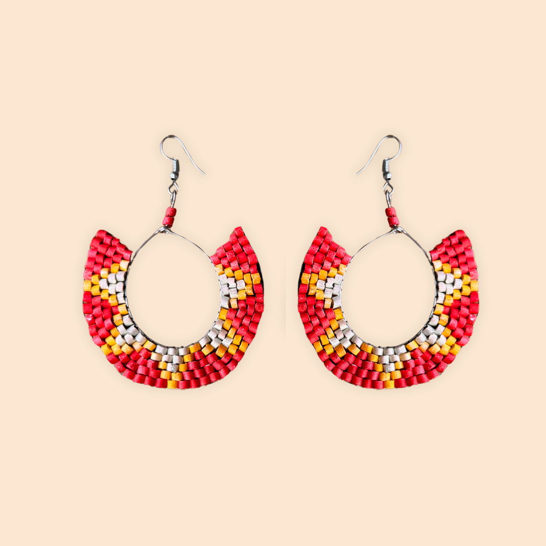 Beaded Crescent Hoop Star Earrings in Natural Ceramic Stone