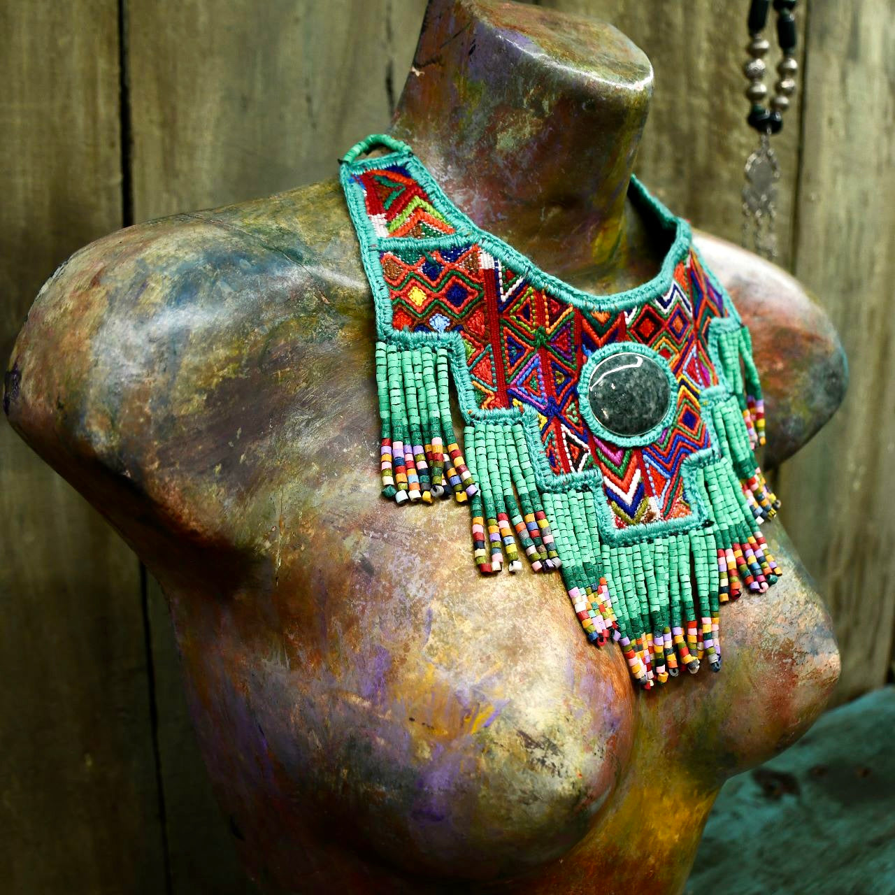 Statement Bib Collar, Precious Jade & Fringes, Adjustable - "Babero", Blues
