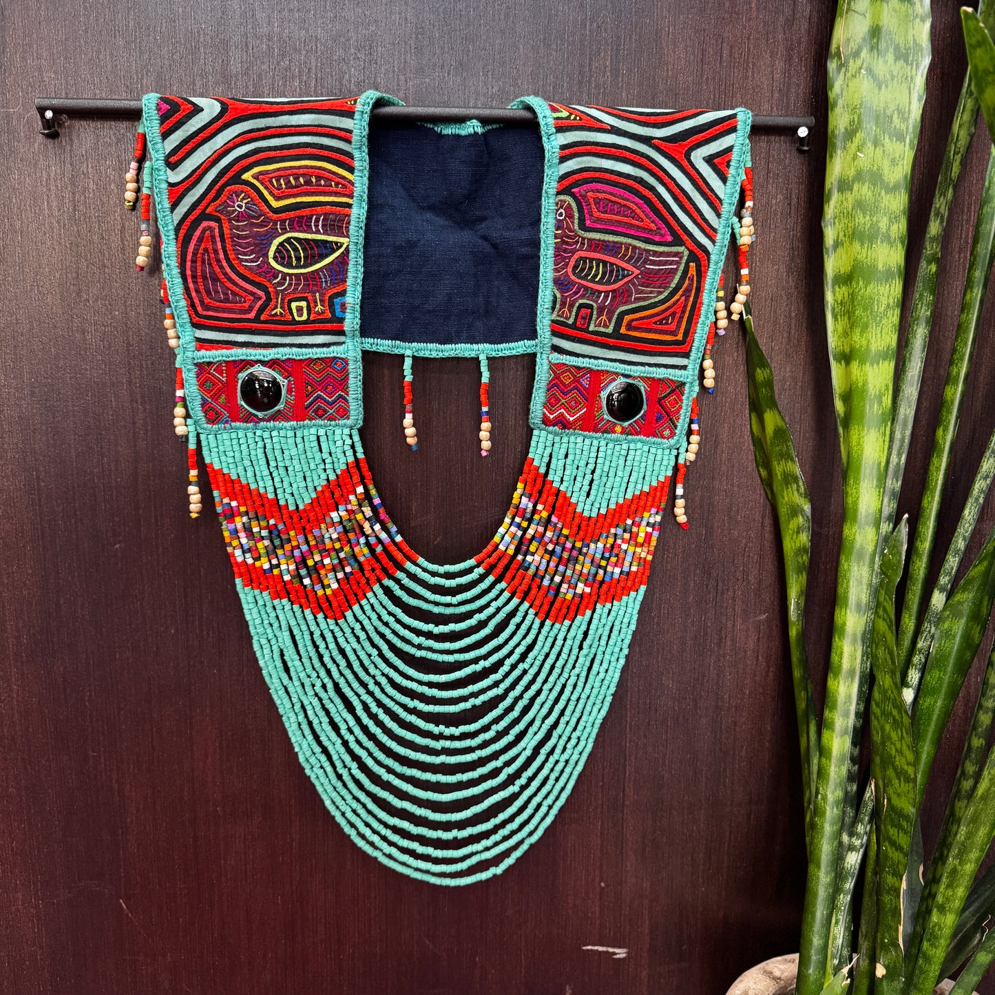 Ceremonial Mola Textile Necklace with Jade & Handmade Ceramic Beads, Turquesa