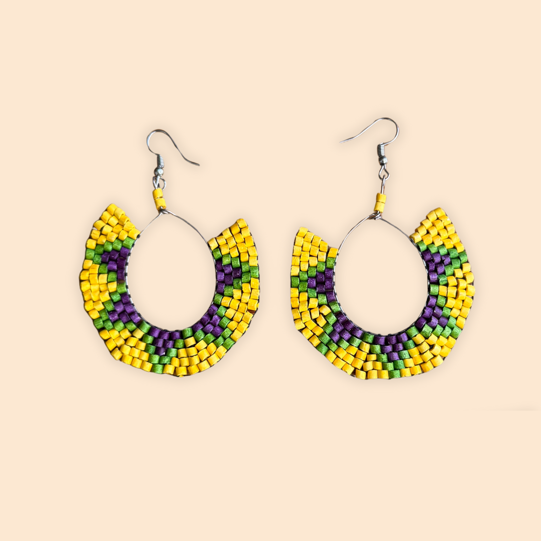 Beaded Crescent Hoop Star Earrings in Natural Ceramic Stone
