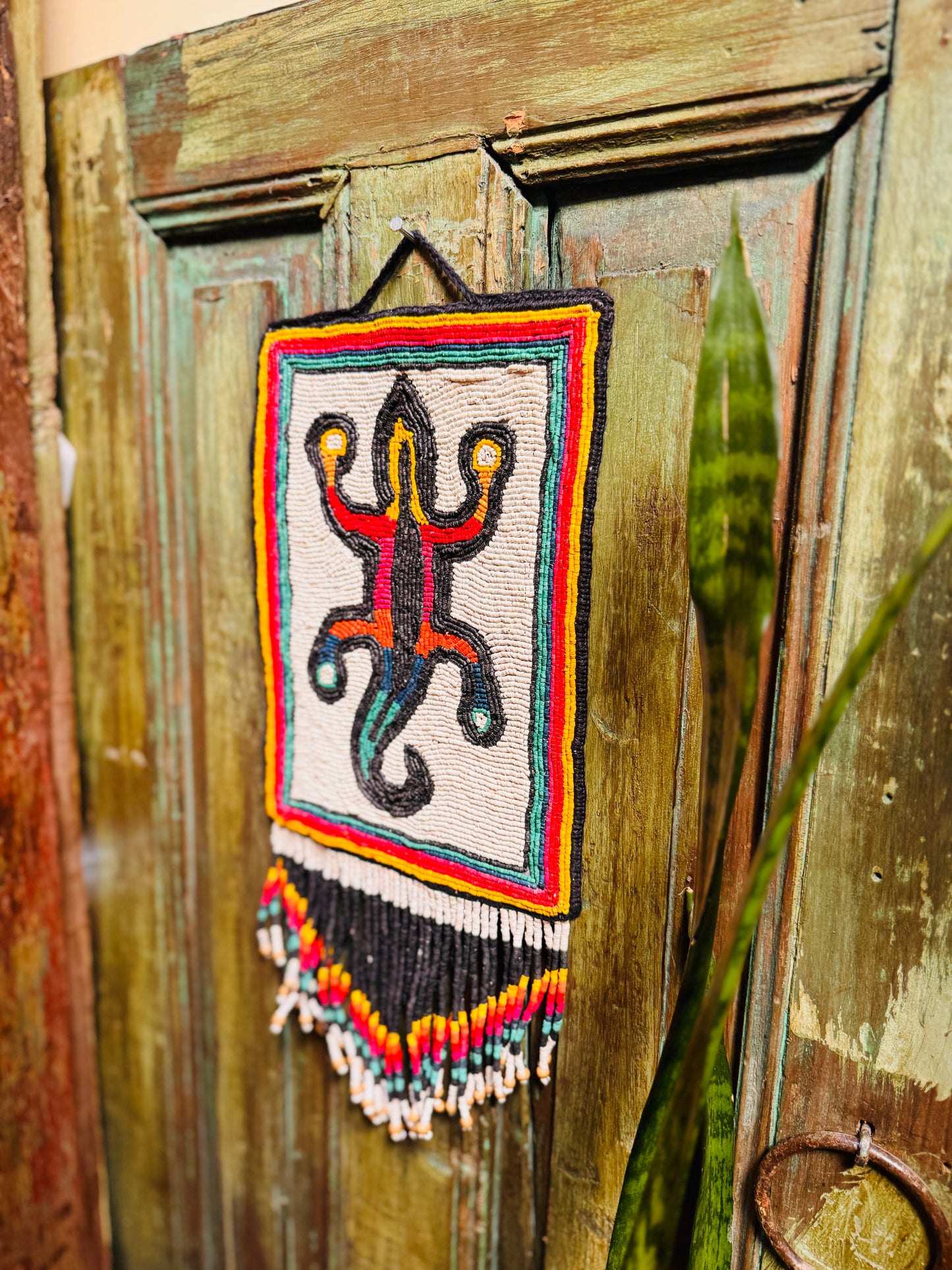 One-of-a-Kind Beaded Wall Art Hanging with Native Motifs - Handmade Ceramic Beads