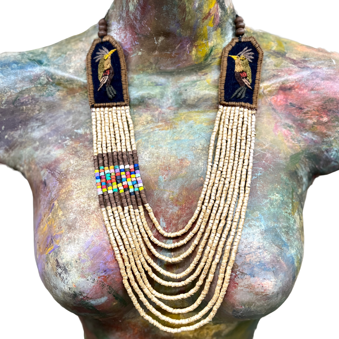 Two-piece Textile Necklaces, Adjustable - "Birds of Santiago", Neutrals