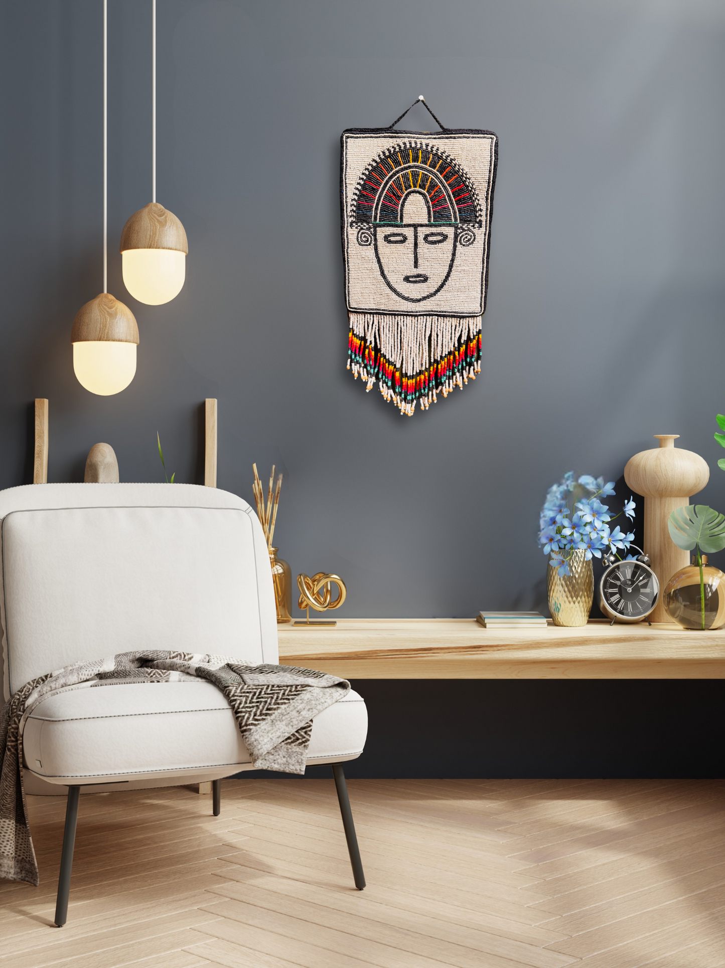 One-of-a-Kind Beaded Wall Art Hanging with Native Motifs - Handmade Ceramic Beads