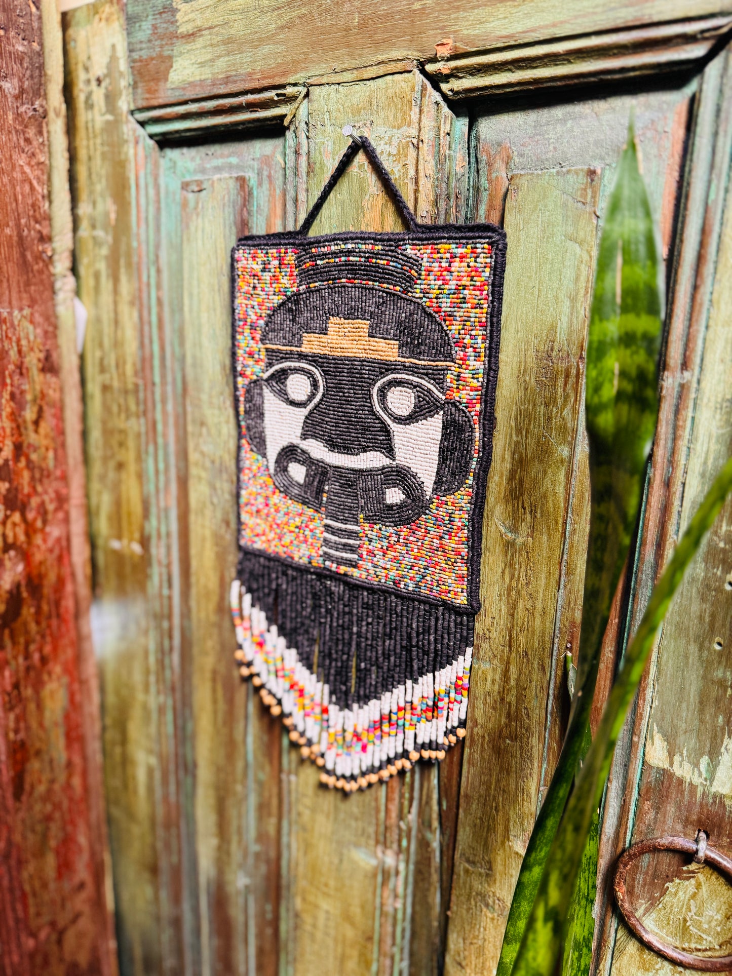 One-of-a-Kind Beaded Wall Art Hanging with Native Motifs - Handmade Ceramic Beads