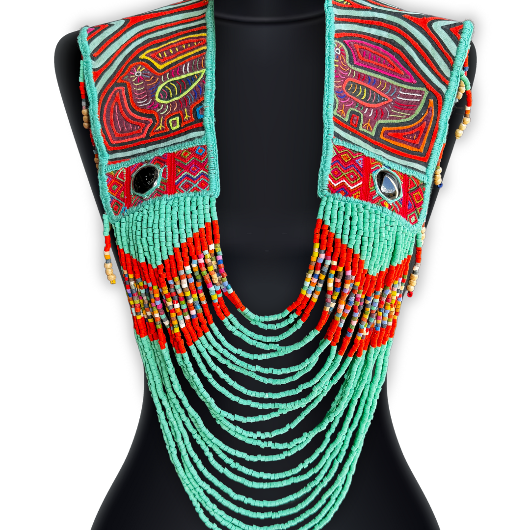 Ceremonial Mola Textile Necklace with Jade & Handmade Ceramic Beads, Turquesa