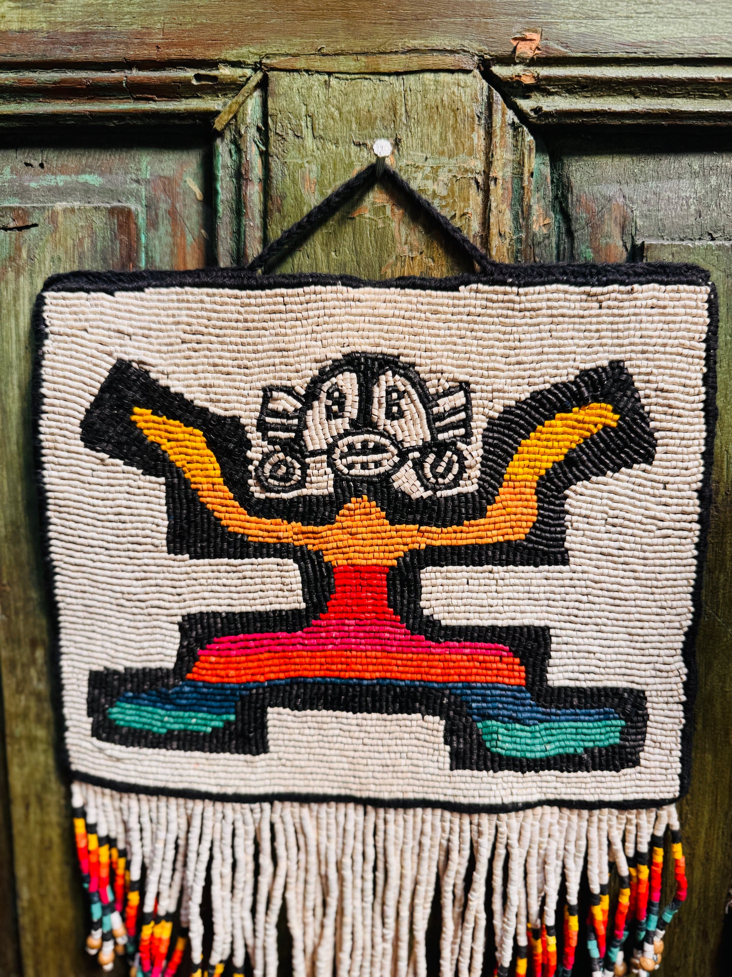 One-of-a-Kind Beaded Wall Art Hanging with Native Motifs - Handmade Ceramic Beads