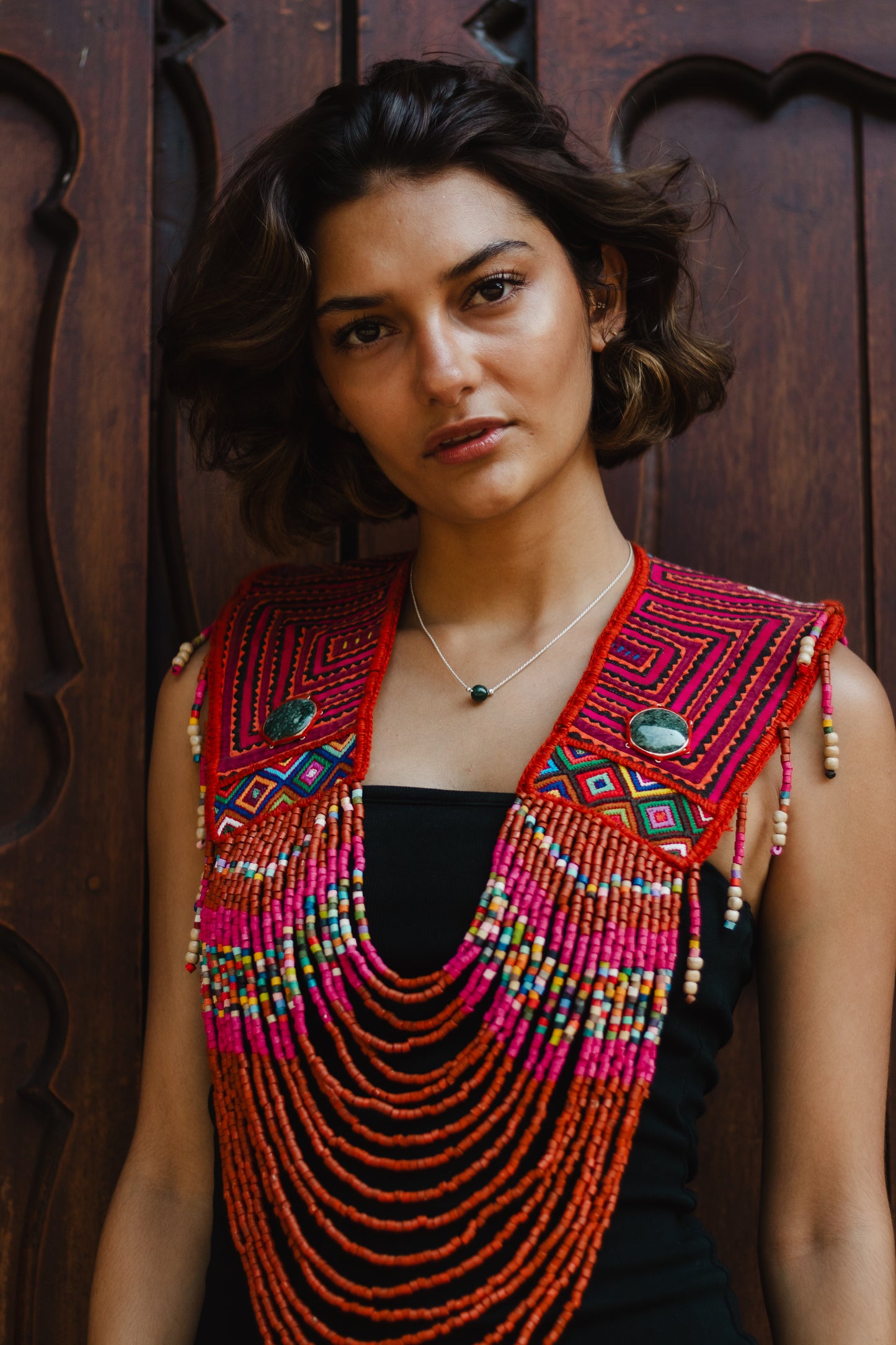 Ceremonial Mola Textile Necklace with Jade & Handmade Ceramic Beads, Red ceremony