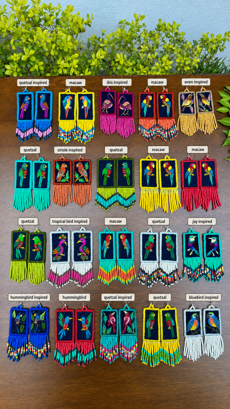 Handmade Guatemalan Embroidered Quetzal Bird Inspired Earrings with Clay Bead Fringes and Silver Hooks, celeste