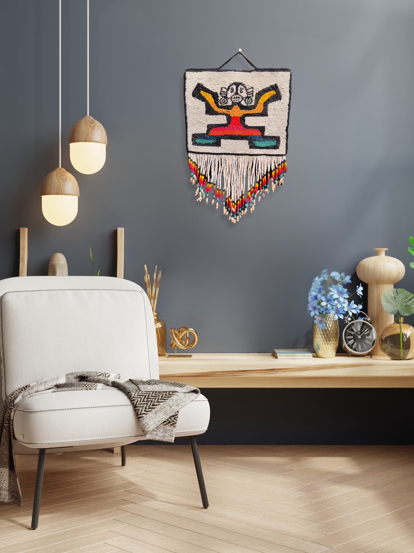 One-of-a-Kind Beaded Wall Art Hanging with Native Motifs - Handmade Ceramic Beads