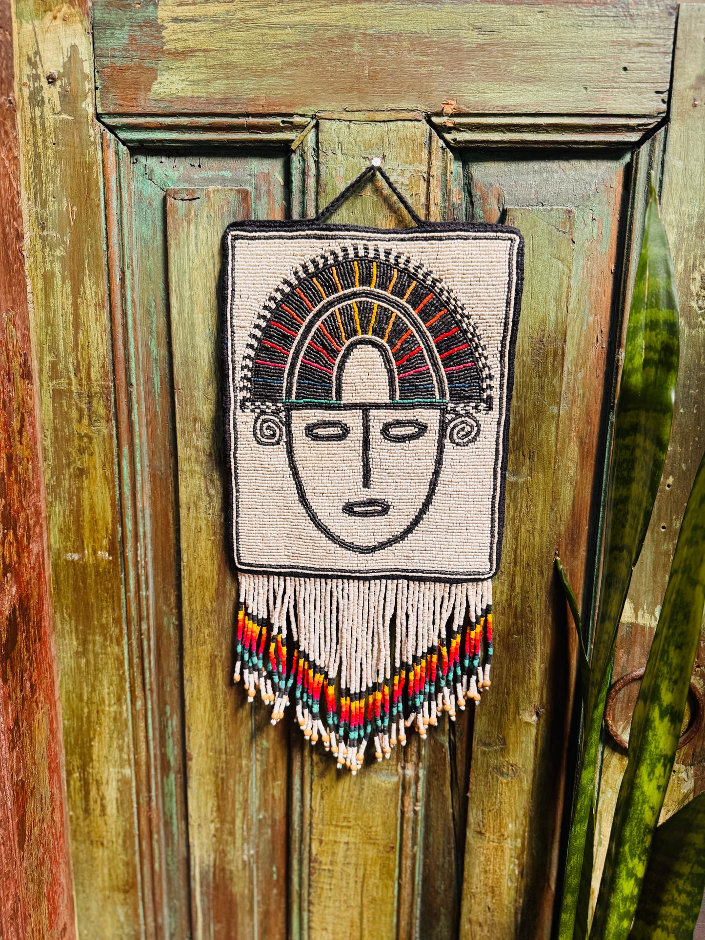 One-of-a-Kind Beaded Wall Art Hanging with Native Motifs - Handmade Ceramic Beads