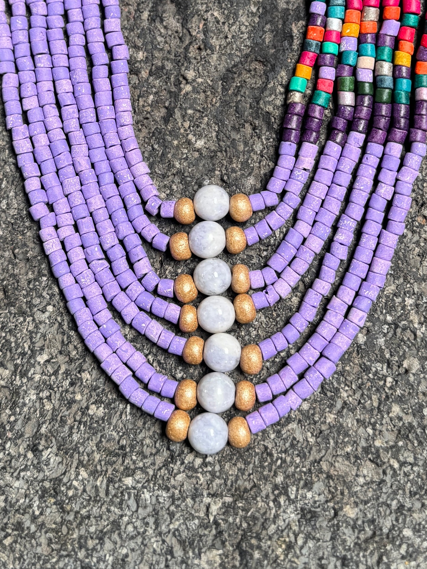 Adjustable Guatemalan Ceremonial Textile Necklace with Lavender Jade & Ceramic Beads, pastel purple