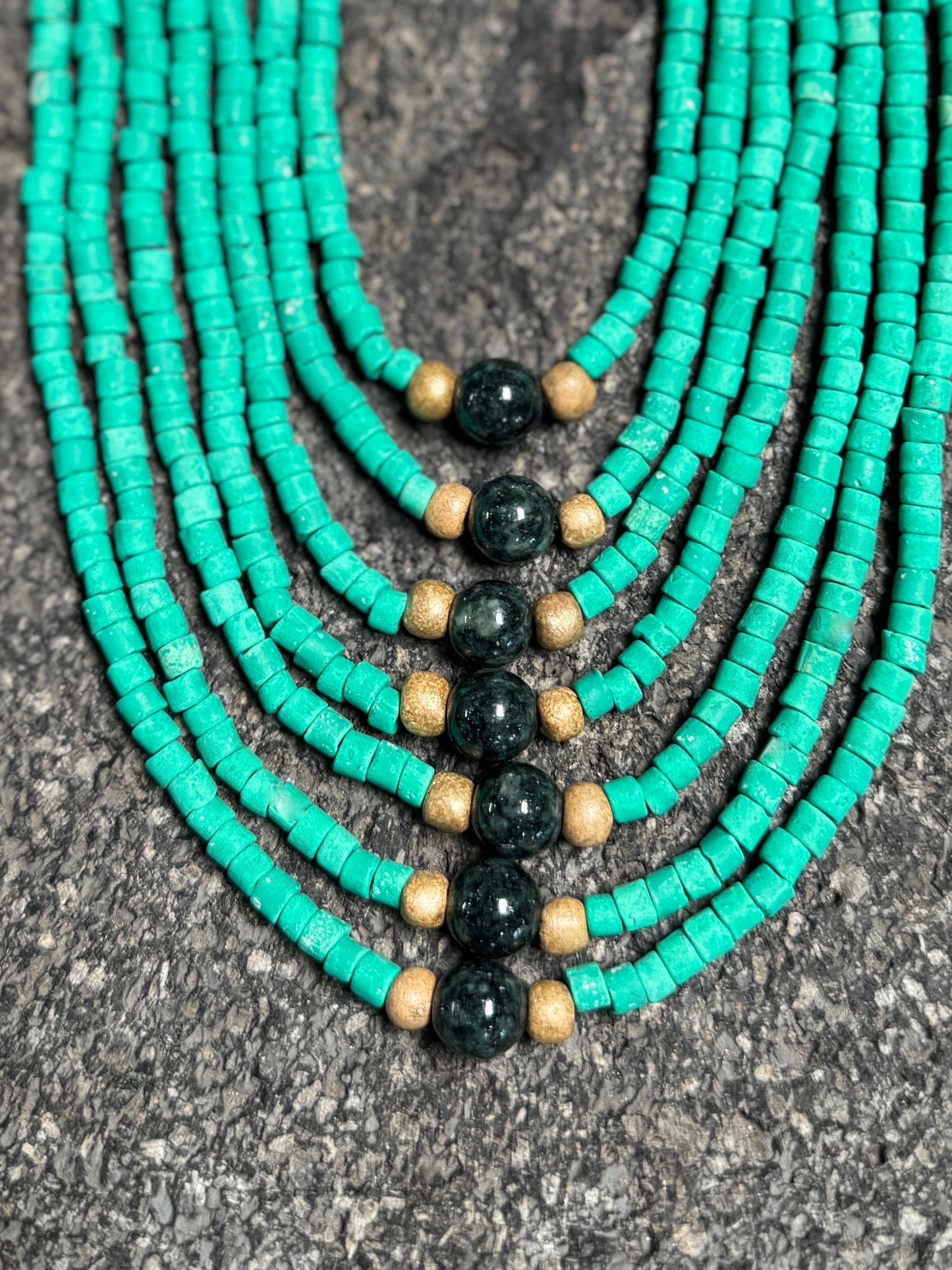Adjustable Guatemalan Ceremonial Textile Necklace with Jade & Ceramic Beads, turquoise