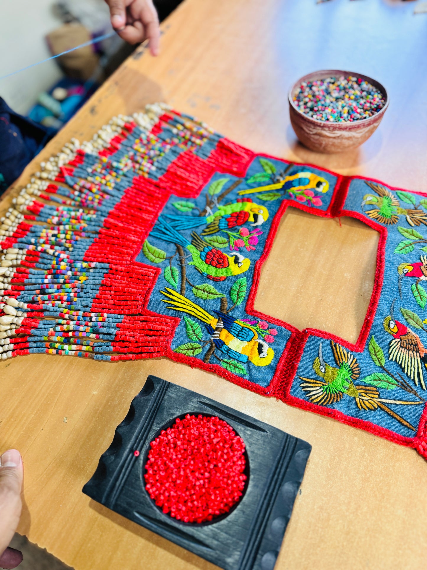 Handmade Poncho with Hand-Embroidered Birds and Beaded Fringes - Red Denim